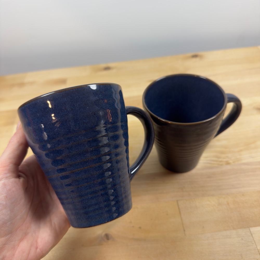 Pfaltzgraff Everyday Blue Pointe Mugs Navy Blue Ribbed Stoneware Set of 2